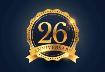 26th anniversary celebration badge label in golden color